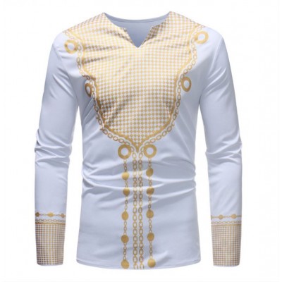 Fashion African Print Top Kaftan Arabic Men's Casual Long Sleeve Plus Size Pullover T-Shirt