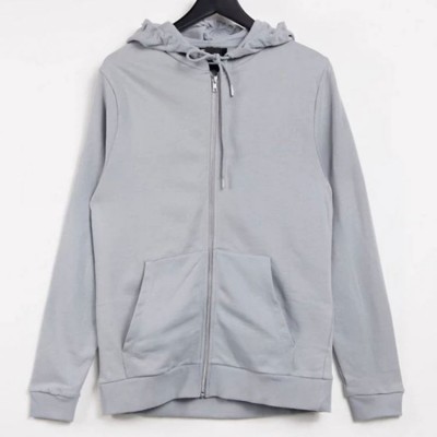 Wholesale Custom Men's Gray Organic Full Zip 100% Cotton Hoodies With Side Pockets